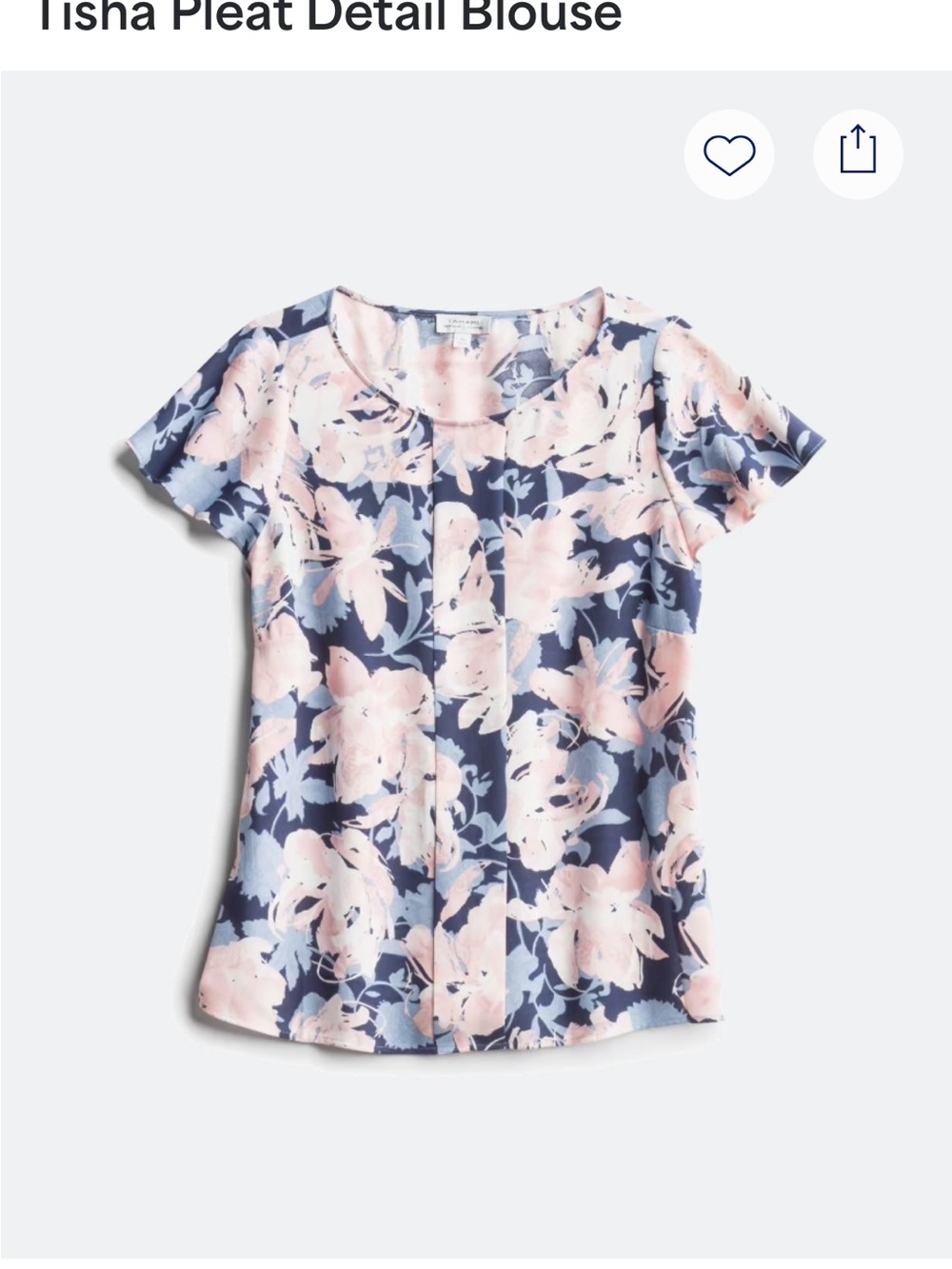Tahari ASL Navy Floral Pleat-Front Short Sleeve Blouse with Light Pink Bloom